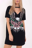 Women Women's Choker Cutout V-Neck Eagle Printed Short Sleeve Mini T-Shirt Dress