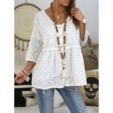 Lace Button Solid Color V Neck Casual Blouse