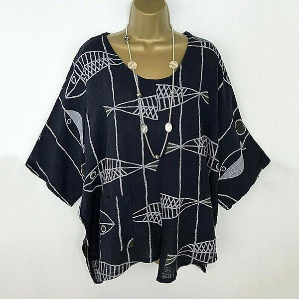 Plus Size Casual Fish Printed Blouse