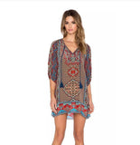 Printed 3/4 Sleeve V-neck Mini Dress