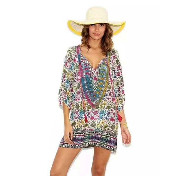 Printed 3/4 Sleeve V-neck Mini Dress