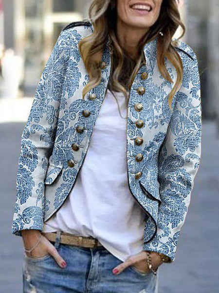 Women fashion printed long sleeve button blazer coats