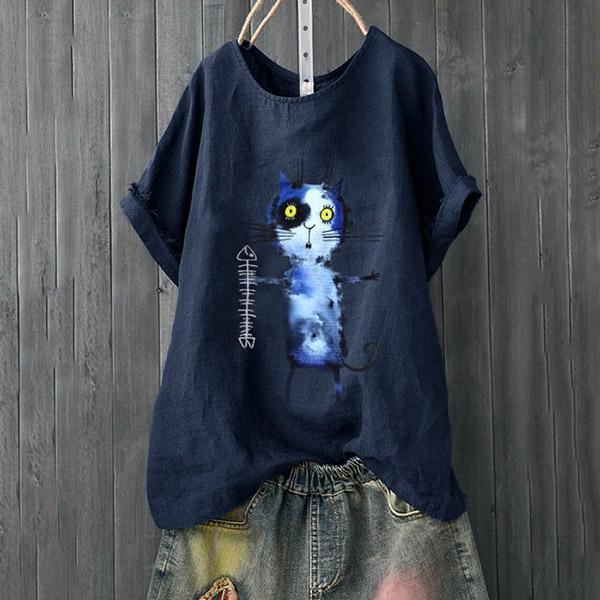 Daily Casual Cat Printed Solid Color Blouse