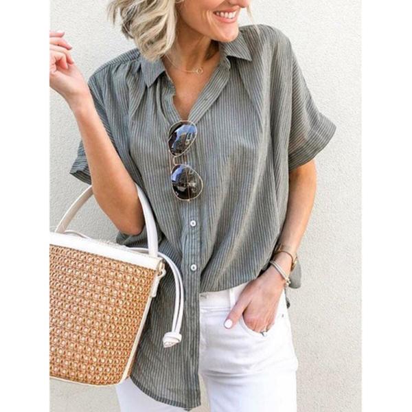 Striped Lapel Short Sleeves Button Blouse