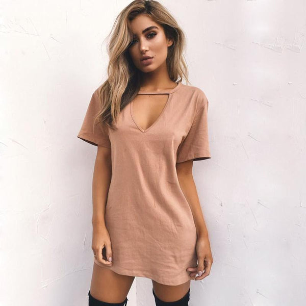 Fashion Sexy Pure V neck Short sleeve T-Shirts Dress