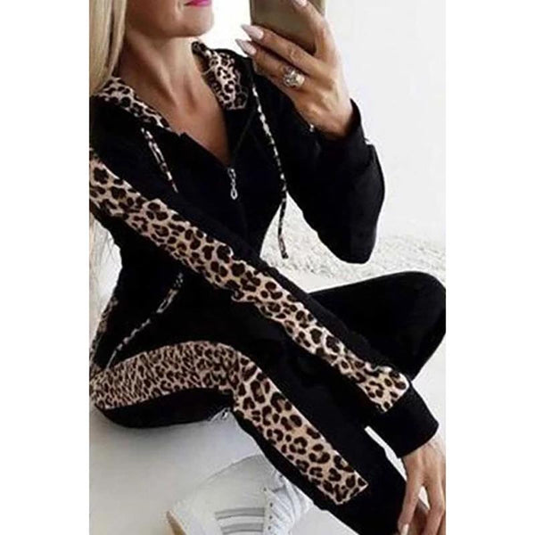 Women's Leopard Sporty Drawstring Hoodie & Pants Suit