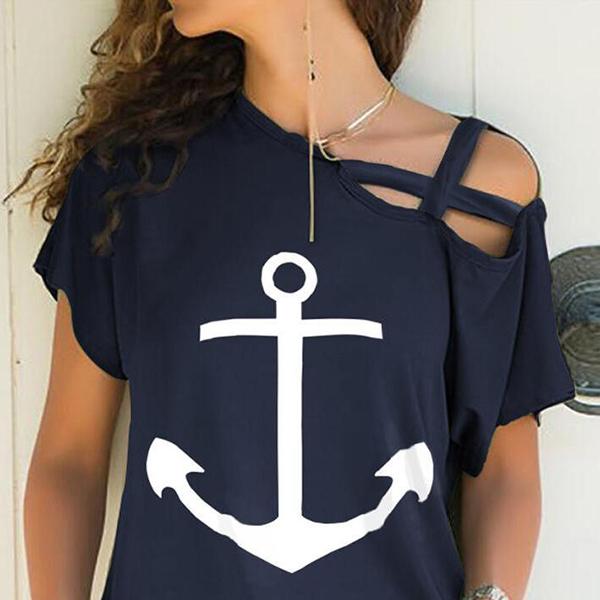 Casual X-strap Cold Shoulder Boat Anchor Print Tops