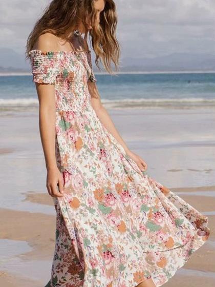 Off Shoulder Floral Print Frill Trim Maxi Dress