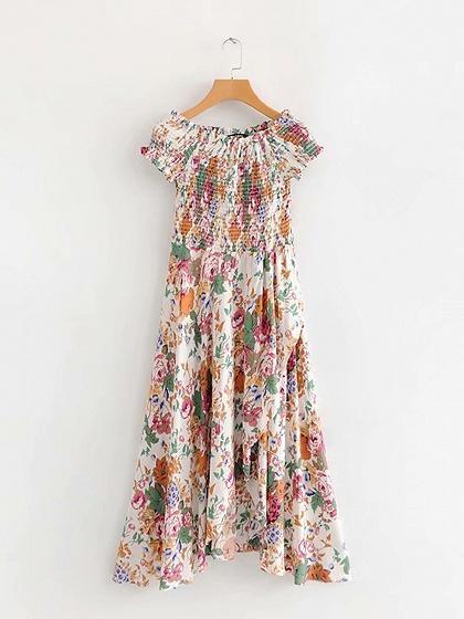 Off Shoulder Floral Print Frill Trim Maxi Dress