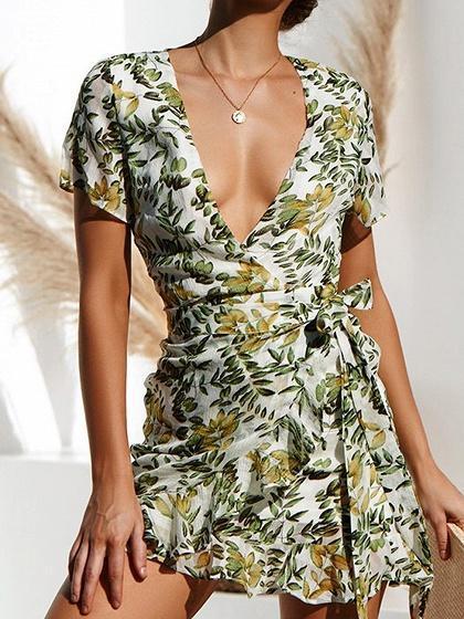 Women Floral Print Ruffle Hem Short Sleeves Mini Dress