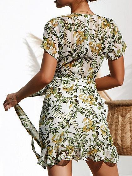 Women Floral Print Ruffle Hem Short Sleeves Mini Dress