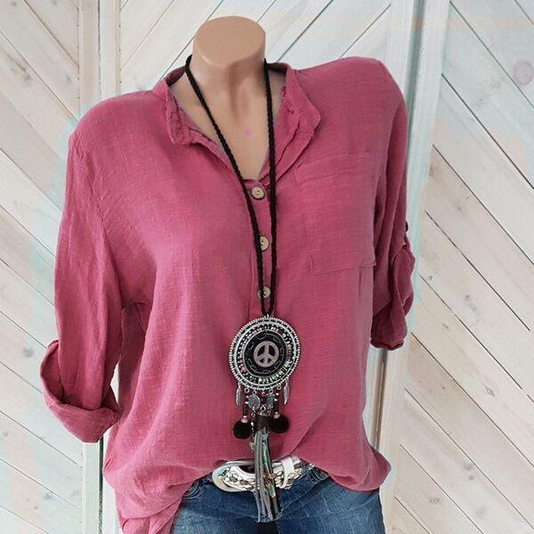 Plus Size Solid Color Stand Collar Blouse