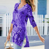 Casual V Neck Printed 3/4 Sleeve Blouse