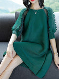 Woman Solid Color Mesh O-Neck Half Sleeves Midi A-Line Dresses