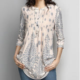 3/4 Sleeve Pintuck Notch Neck Tunic Button Print Ruffle Blouse