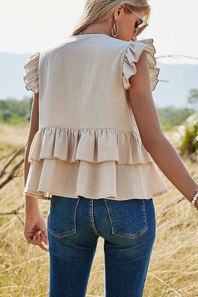 Women Pure Color Casual Single Row Shirt V-Neck Tops