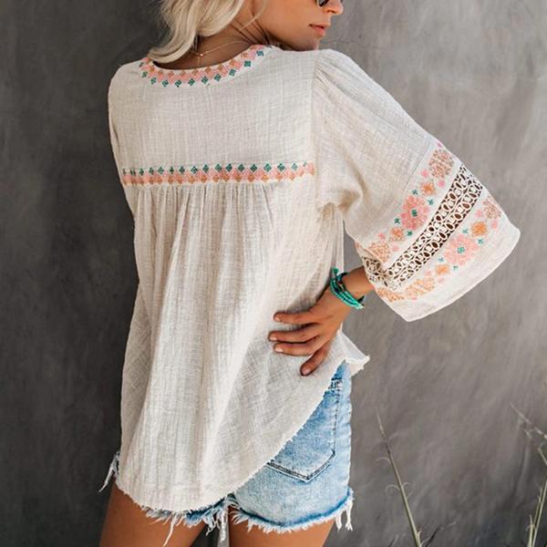 Casual V-Neck Printed Openwork Tops