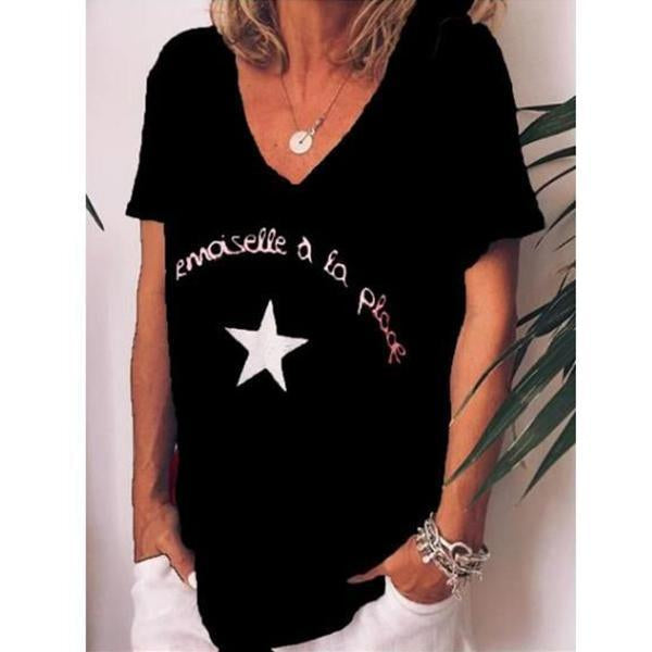 Casual V Neck Letter Printed Short Sleeve T-Shirts