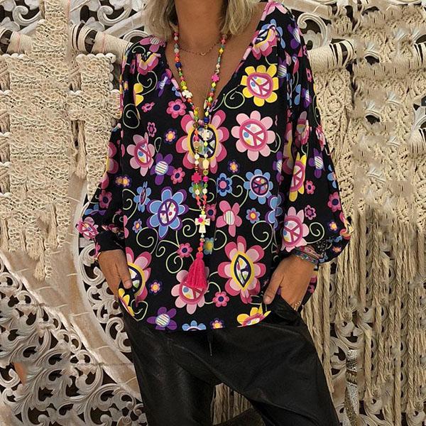 V Neck Flower Printed Loose Blouse