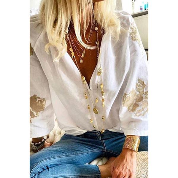 V-Neck 3/4 Sleeve Printed Elegant Blouse