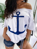 Loose off shoulder batwing printed T-shirts