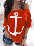 Loose off shoulder batwing printed T-shirts