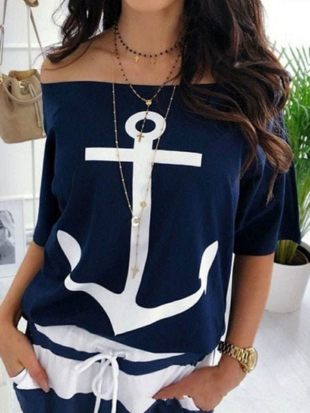 Loose off shoulder batwing printed T-shirts