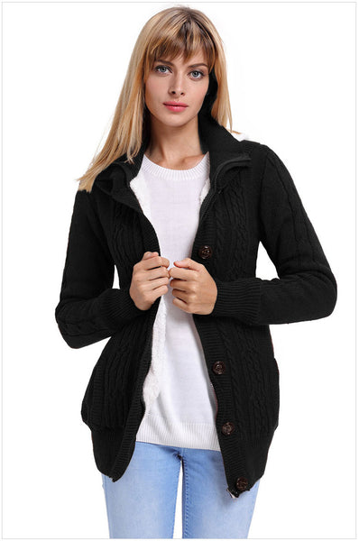 Women Casual Cardigan Hooded Long Sleeve Knitted Sweater