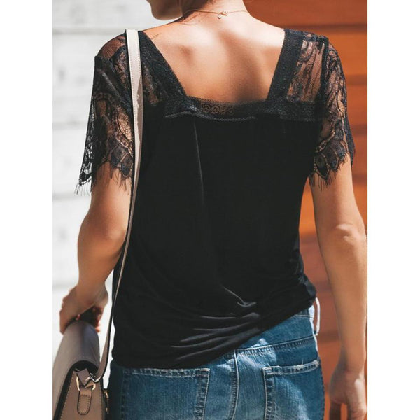 Short Sleeve Stripes Lace Paneled Blouse