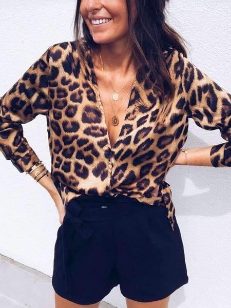 Sexy Big Leopard Printed Long Sleeve Deep V neck T-shirts