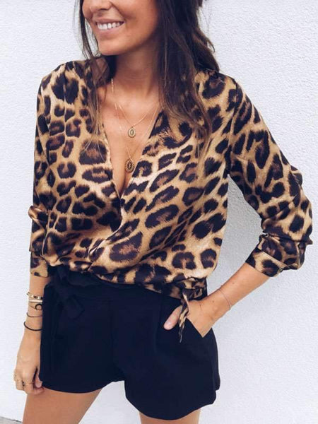 Sexy Big Leopard Printed Long Sleeve Deep V neck T-shirts