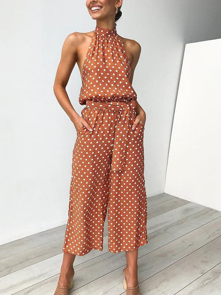 Summer sexy halter point printed Band Neck pocket jumpsuits