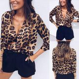 Sexy Big Leopard Printed Long Sleeve Deep V neck T-shirts