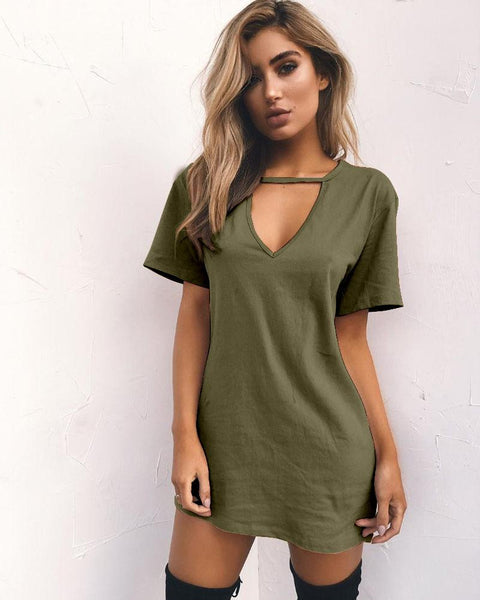 Fashion Sexy Pure V neck Short sleeve T-Shirts Dress