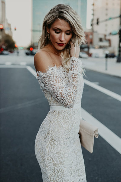 WanaDress Off Shoulder Fishtail Hem Long Sleeve Lace Dress