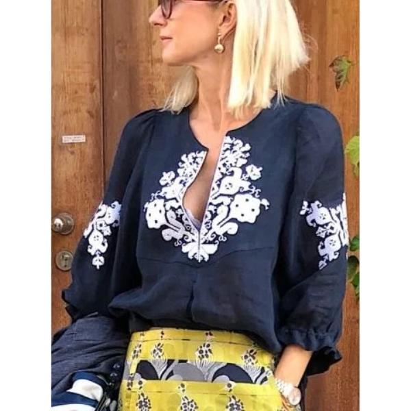 V neck Casual Tribal Printed Frill Sleeve Blouse