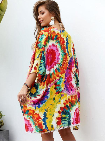Women Fashion Multicolor Tie-dyed Printed Shawl Dress