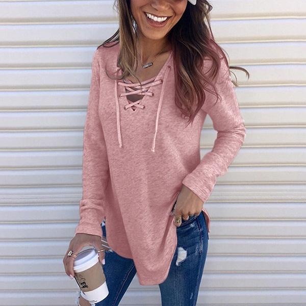 Casual Solid Lace Up V-Neck Blouse