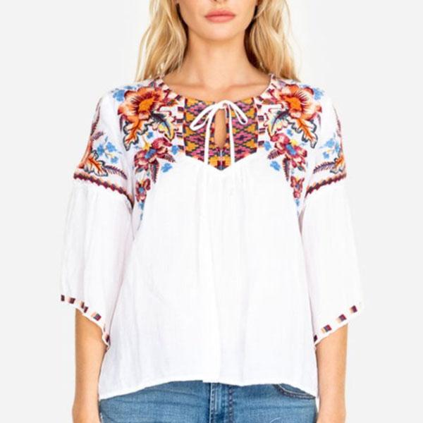 Bohemian Embroidery Lace-Up Blouse