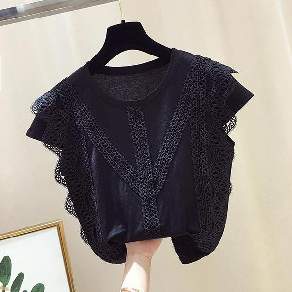 Solid Color Round Neck Lace Blouse