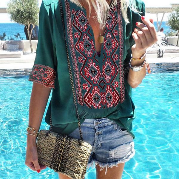 Bohemian Printed V Neck Blouse