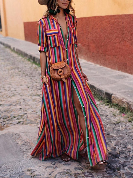 Summer Women Bohemia Striped Shirt Maxi Dress