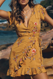 WanaDressV Collar Floral Printed Vacation Dress