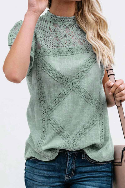 Women Summer Geometric Stitching Lace Short Sleeves Tops (6 Colors)