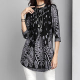 3/4 Sleeve Pintuck Notch Neck Tunic Button Print Ruffle Blouse