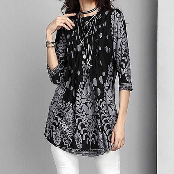 3/4 Sleeve Pintuck Notch Neck Tunic Button Print Ruffle Blouse