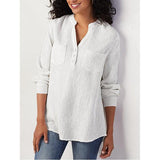 Plus Size Pocket Solid V Neck Casual Blouse