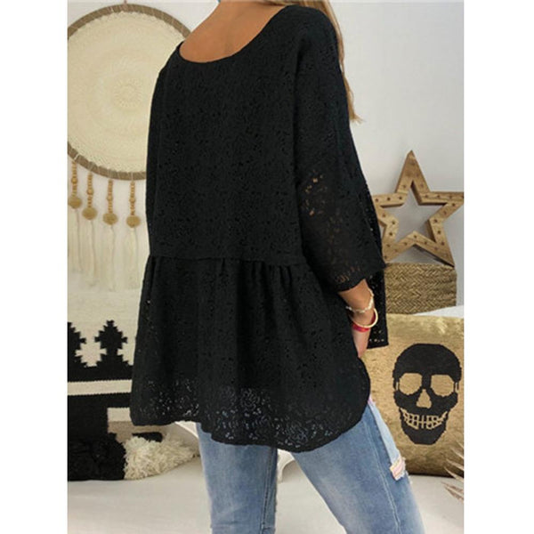 Lace Button Solid Color V Neck Casual Blouse