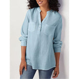 Plus Size Pocket Solid V Neck Casual Blouse