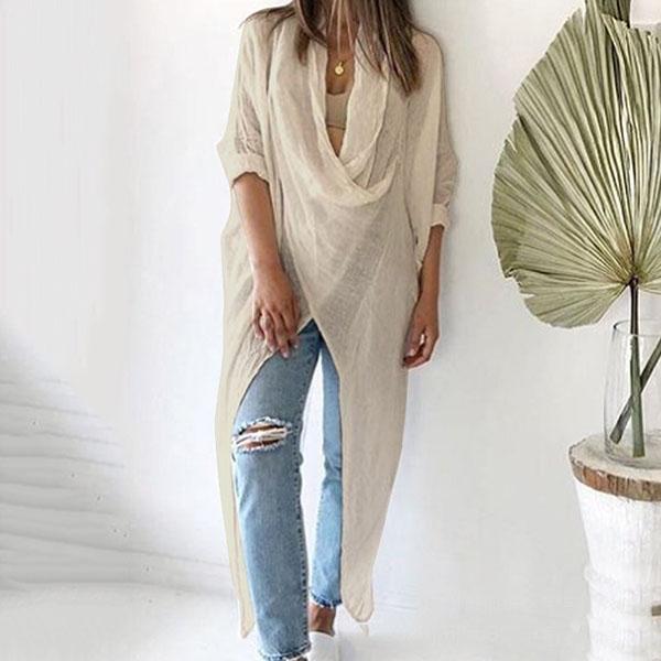 V-neck Loose Long-sleeved Asymmetric Blouse